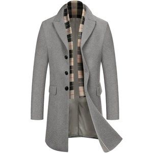 Men's Wool Scarf Notched Collar Single Breasted Pea Coat Trench Overcoat